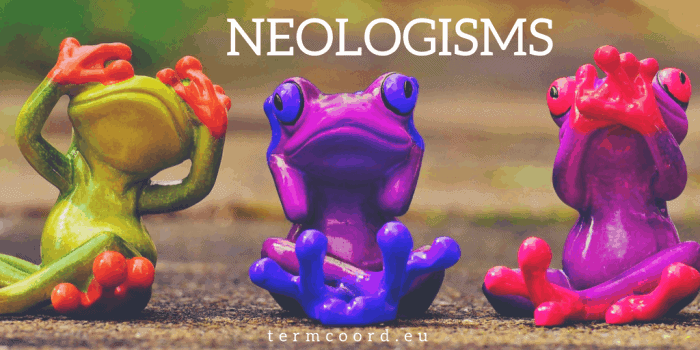 Neologisms - funny picture of neon light frogs, similar to the Three wise monkeys